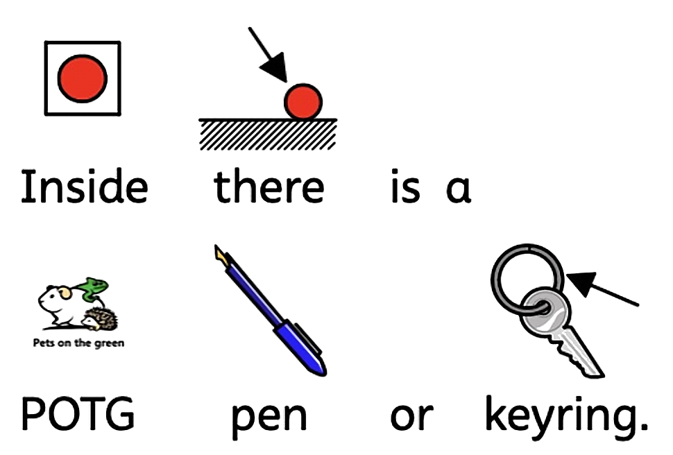 Inside there is a Pets on the Green pen or keyring.
