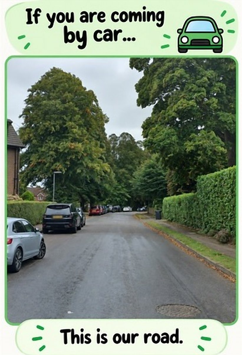 If you are coming by car... This is our road. Photo of a quiet tree-lined road with cars parked along one side.