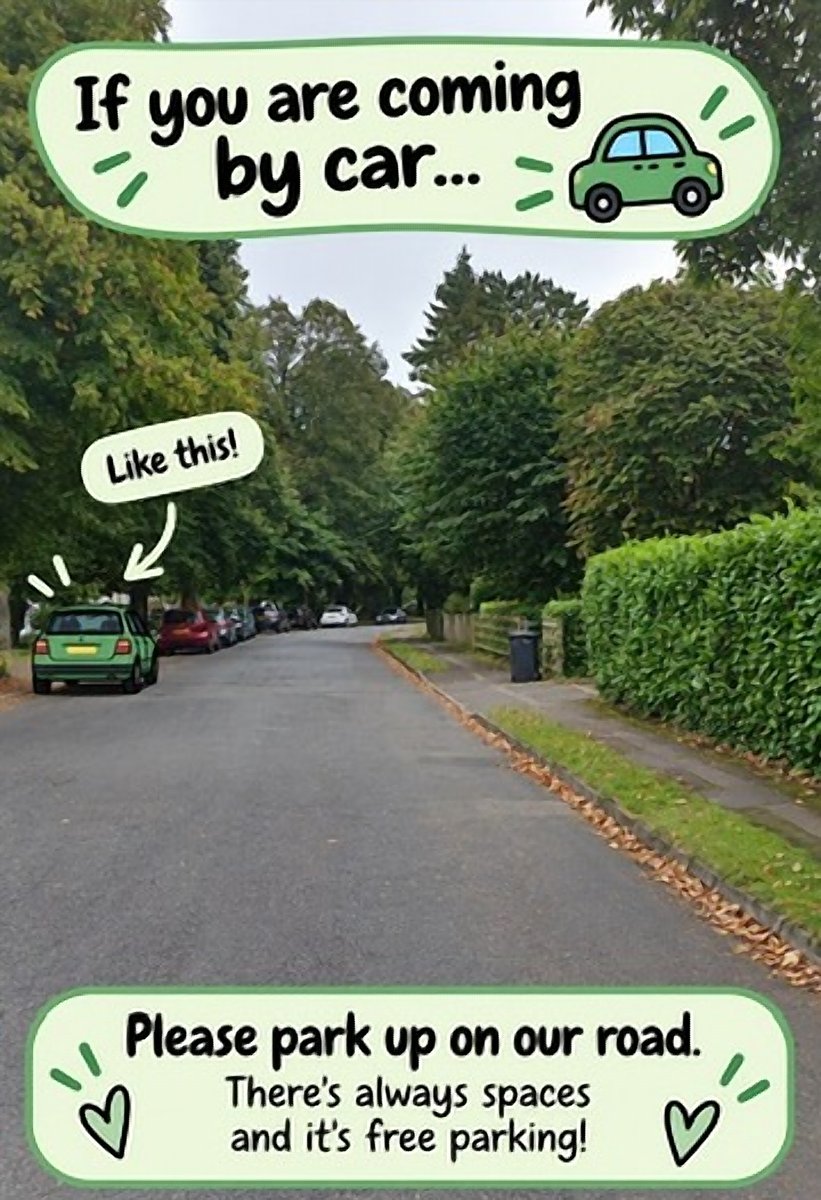 If you are coming by car... Please park up on our road, like this! There's always spaces and it's free parking!