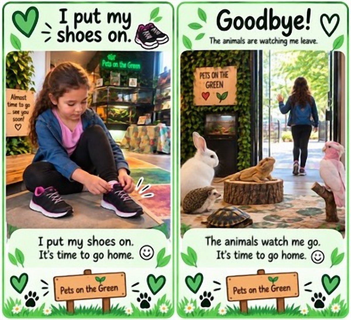 I put my shoes on. It's time to go home. Goodbye! The animals are watching me leave. The animals watch me go. It's time to go home.