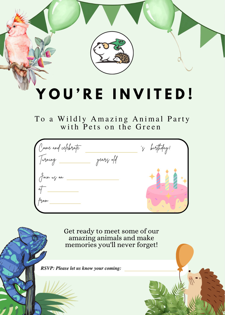 Pets on the Green party invitation — You're invited to a wildly amazing animal party, with space to write the birthday child's name, age, date, time and RSVP